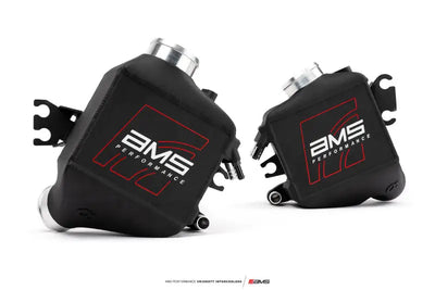 Black performance coolant reservoirs for Nissan Z VR30 with AMS Performance VR30 Intercoolers