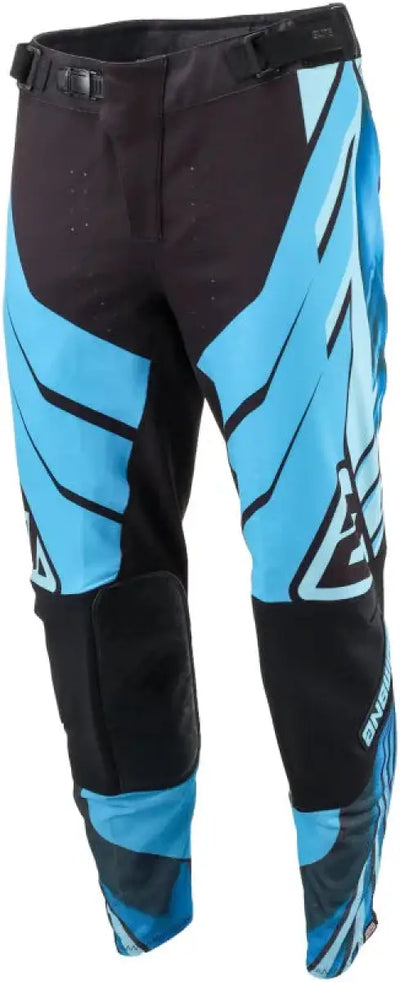 Black and blue Elite Xotic Pants with geometric designs for youth motocross riding