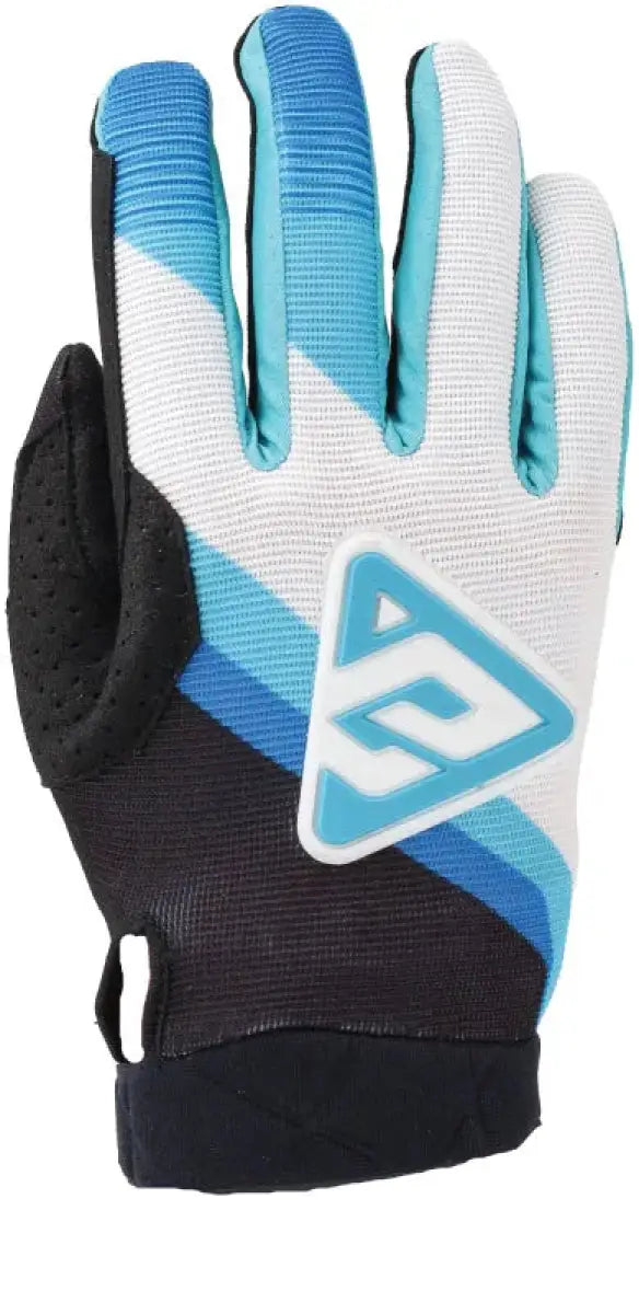 Blue, white, and black Answer 25 Peak Flo Gloves for youth cycling performance