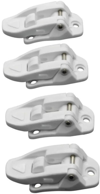 Four white plastic latches from the Answer AR1 Boot Buckle Kit for easy repair