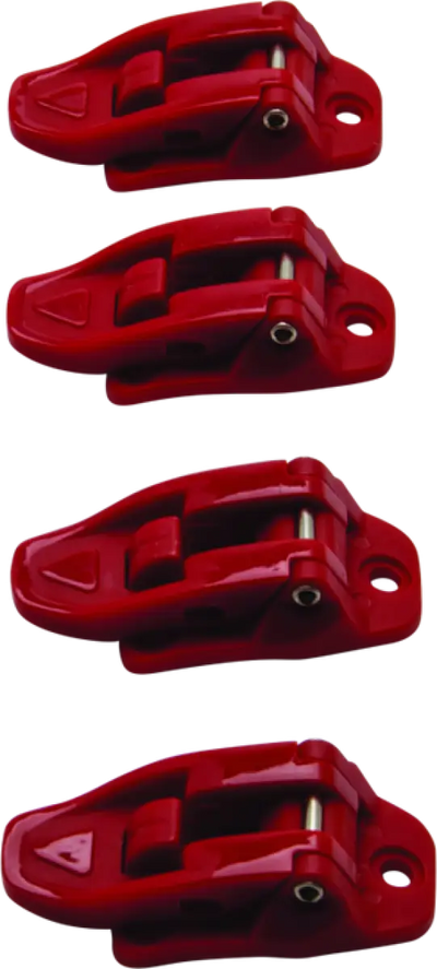Four red Answer AR1 Boot Buckle lockout devices for youth safety and security