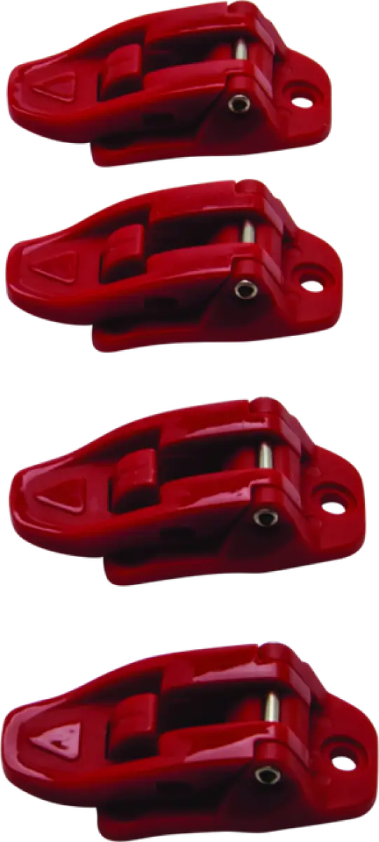 Four red Answer AR1 Boot Buckle lockout devices for youth safety and security