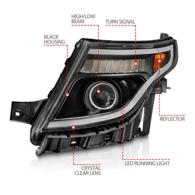 ANZO 11-15 Ford Explorer (w/Factory Halogen HL Only) Projector Headlights w/Light Bar Black Housing - Truck & Automotive