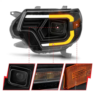 ANZO 12-15 Toyota Tacoma Projector Headlights - w/ Light Bar Switchback Black Housing - Truck & Automotive