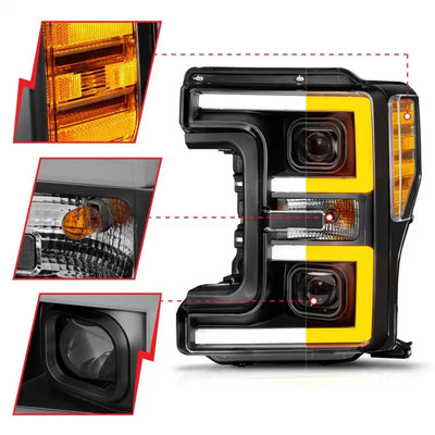ANZO 17-19 Ford F-250/350/450 SD (w/o Factory LED) LED Proj Headlights w/Light Bar Switchback Blk - Truck & Automotive