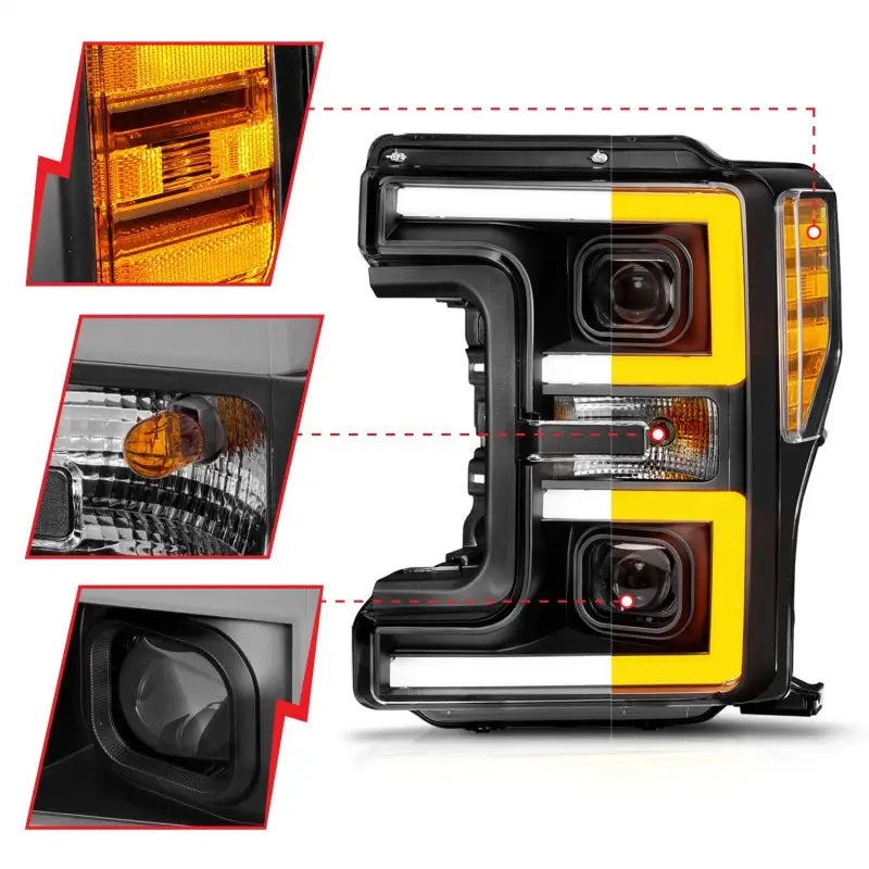 ANZO 17-19 Ford F-250/350/450 SD (w/o Factory LED) LED Proj Headlights w/Light Bar Switchback Blk - Truck & Automotive