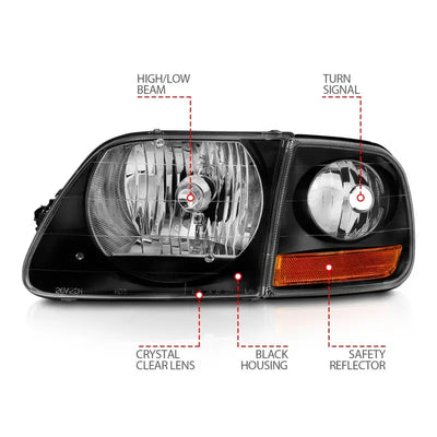 ANZO 1997-2003 Ford F150 Crystal Headlight Black w/ Parking Light - Truck & Automotive