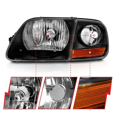 ANZO 1997-2003 Ford F150 Crystal Headlight Black w/ Parking Light - Truck & Automotive