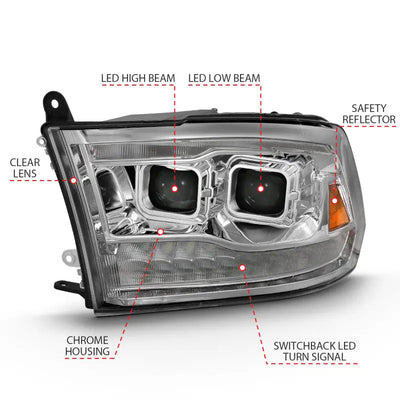 Chrome dodge ram headlight with LED projector and plank style switchback beams