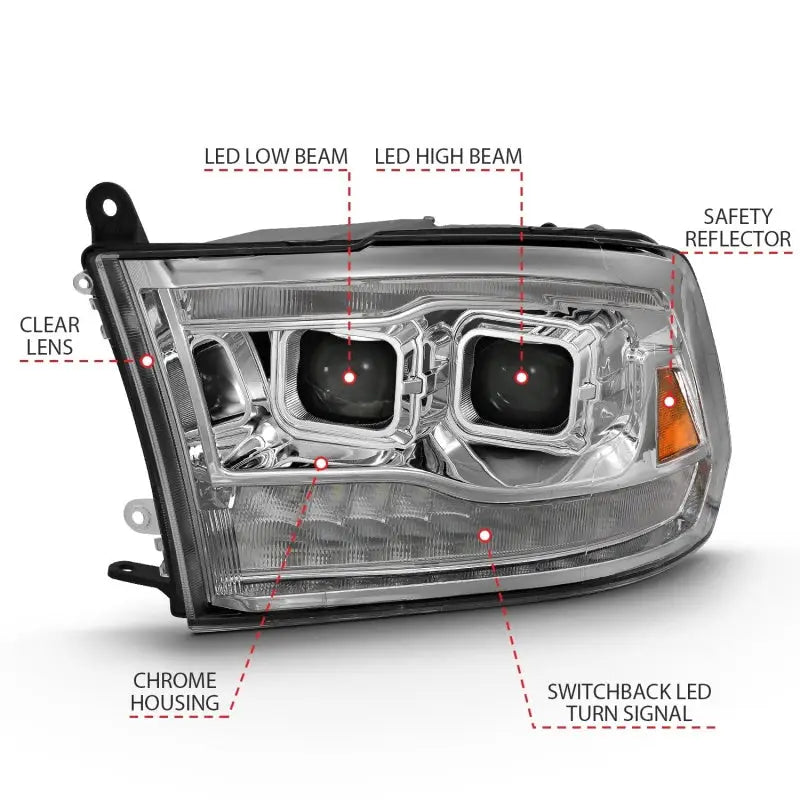 Chrome dodge ram led projector headlight assembly with plank style switchback halo amber