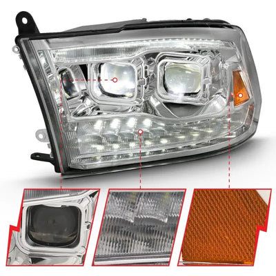 Chrome car headlight for Dodge Ram LED projector with plank style switchback halo