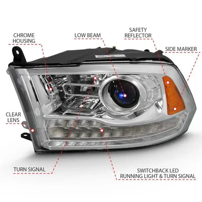 ANZO 2009-2018 Dodge Ram 1500 Projector Plank Style Switchback H.L Halo Chrome Amber (OE Style) - Truck & Automotive