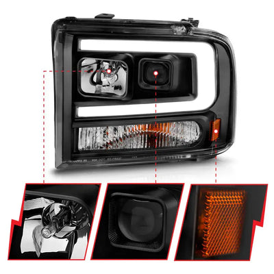 ANZO 99-04 Ford F250/F350/F450/Excursion (excl 99) Projector Headlights - w/ Light Bar Black Housing - Truck &