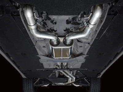 Car’s stainless steel exhaust with diamond black tips from AWE Tuning track edition exhaust