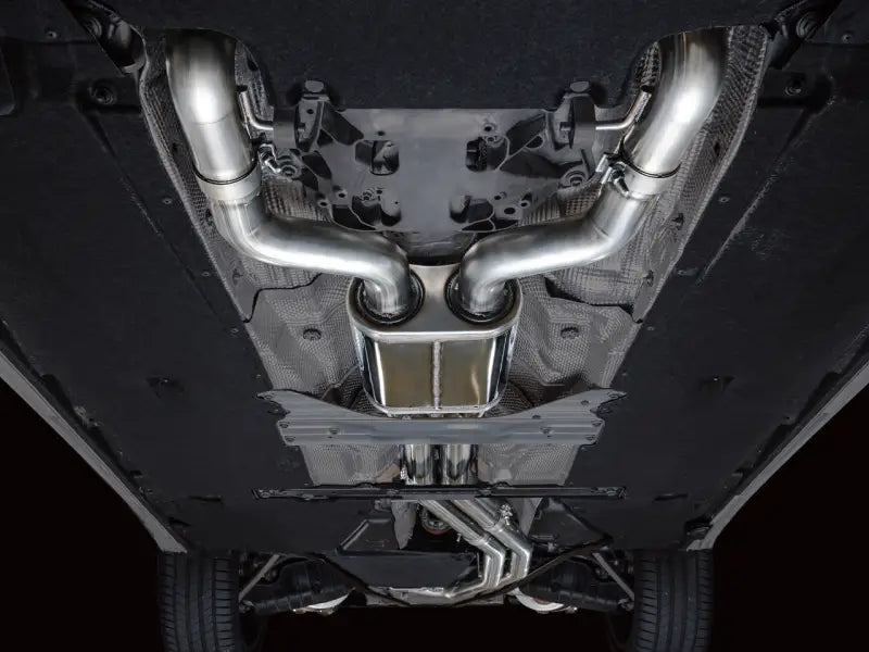 Car’s stainless steel exhaust with diamond black tips from AWE Tuning track edition exhaust