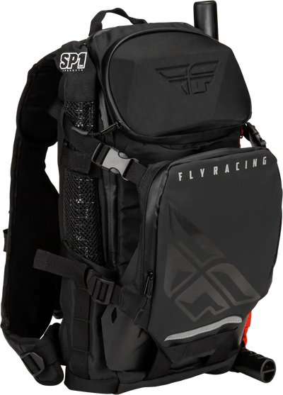 Black hydration backpack with adjustable shoulder straps, ideal for outdoor adventures