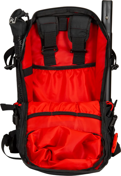 Open Black Backcountry Pack with shoulder straps, red interior, and multiple compartments