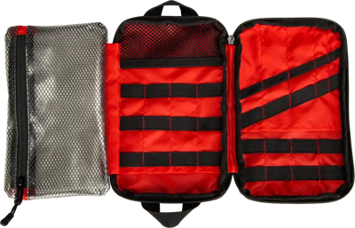 Open tri-fold tactical pouch with mesh pocket and elastic straps for gear storage