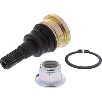 Automotive ball joint with nut and retaining ring.