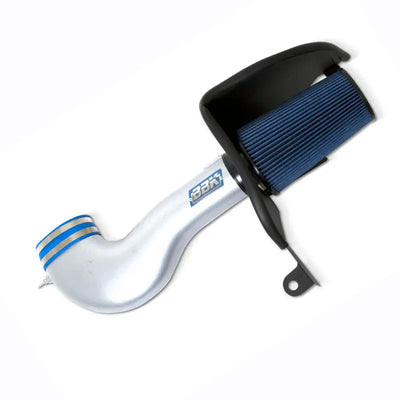 Silver air intake with blue filter for cold air intake upgrade on Mustang 4.6 GT