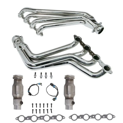 Chrome long tube exhaust headers for Camaro LS3 L99 with converters and 1-3/4 tubes