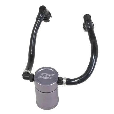 Gray oil separator can with black hoses from BBK 11-17 Ford Mustang GT oil separator kit