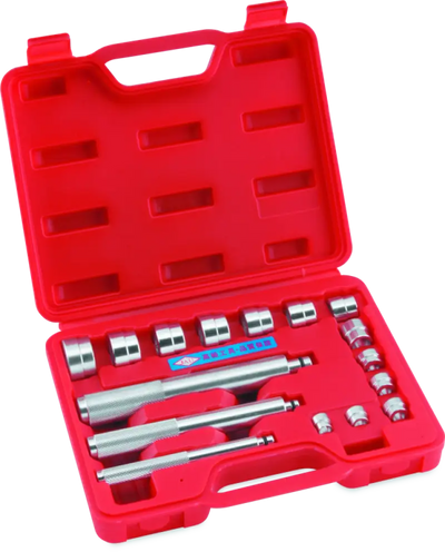 Red tool case with metal tools for bikemaster 16pc bearing race and seal set