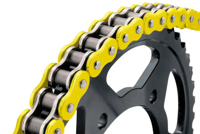 Yellow and black motorcycle chain and sprocket for Bikemaster 525x120 BMXR O-Ring bike