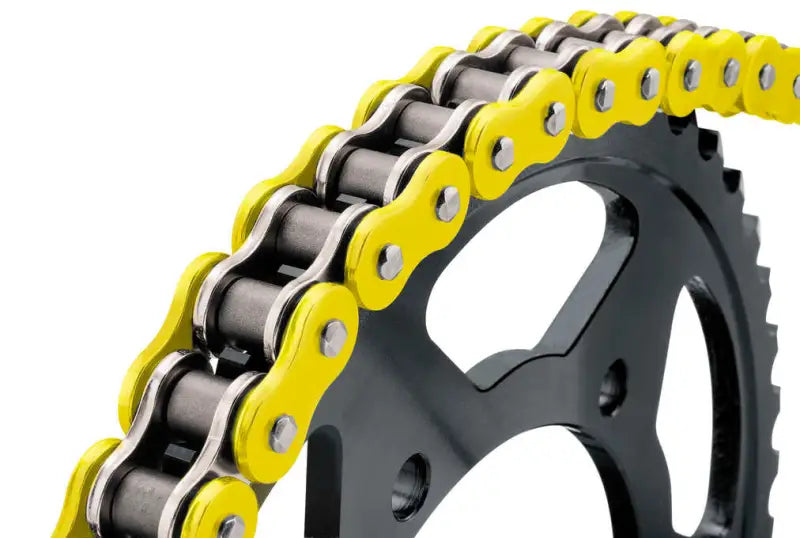 Yellow and black motorcycle chain and sprocket for Bikemaster 525x120 BMXR O-Ring bike