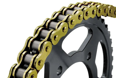 Gold and black BikeMaster 530x150 BMZR Z-Ring Chain on sprocket for bikes