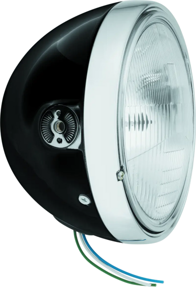 Black motorcycle headlight with chrome trim for BikeMaster 7in Headlight Side Mount