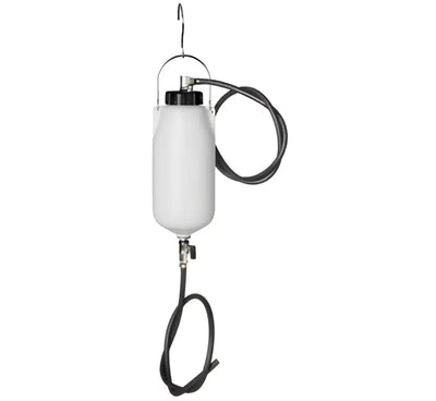 BikeMaster auxiliary fuel tank with white plastic pump and black hoses