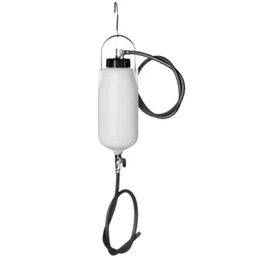 BikeMaster auxiliary fuel tank white cylinder with black fittings and coiled hoses