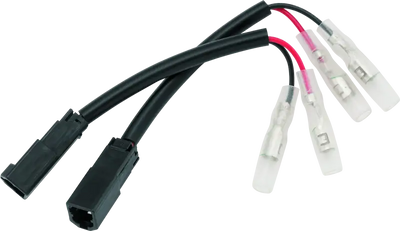 BikeMaster Ducati turn signal adapter wires with black and red wires and metal connectors