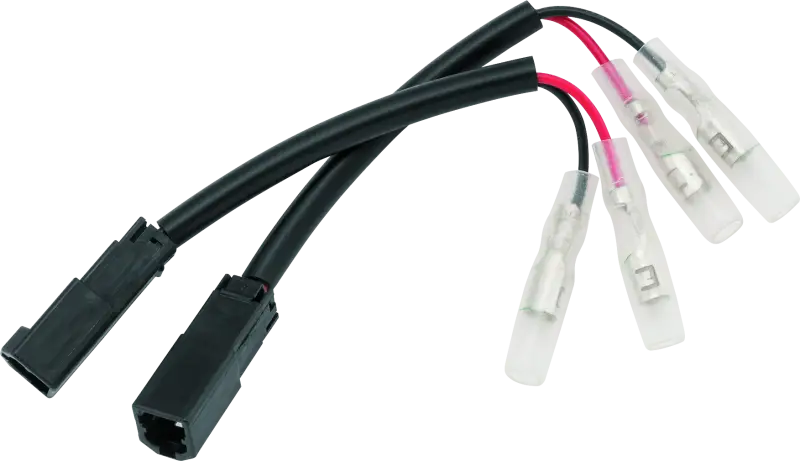 BikeMaster Ducati turn signal adapter wires with black and red wires and metal connectors