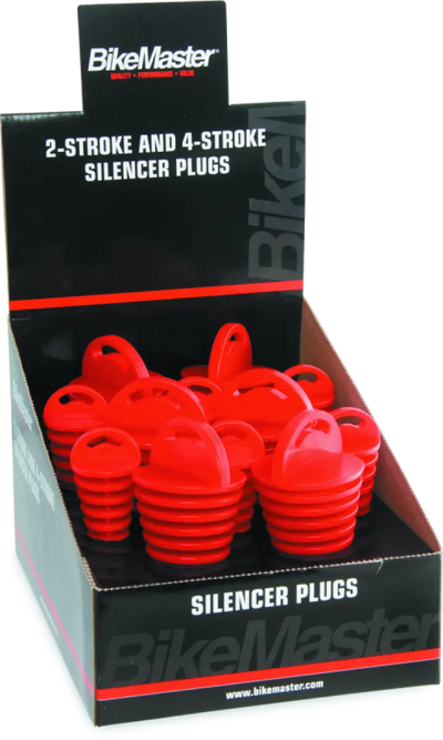 Red Bikemaster exhaust plug shown in BikeMaster exhaust plug display for bikes