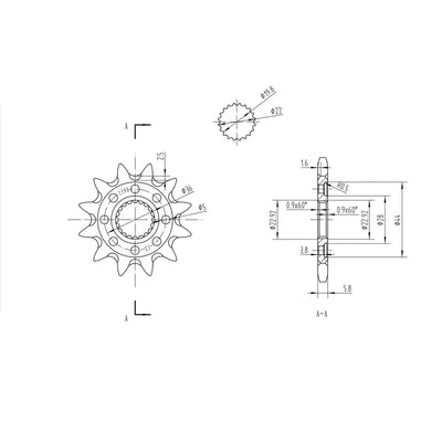 Technical drawing of BikeMaster Gas Gas front sprocket 520 12T with dimensions