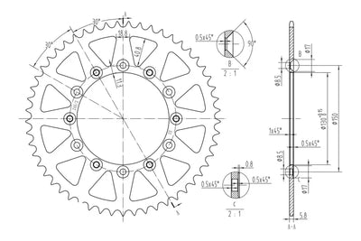 Technical drawing of BikeMaster Honda Rear Steel Sprocket 520 53T with dimensions