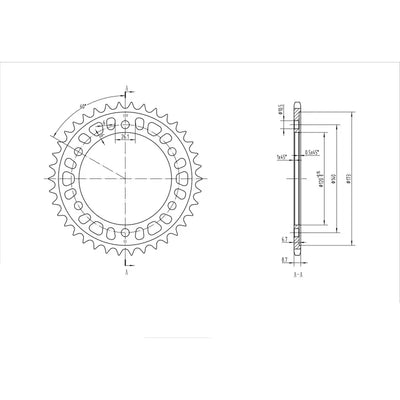 Technical drawing of a BikeMaster Kawasaki rear steel sprocket 530 38T black