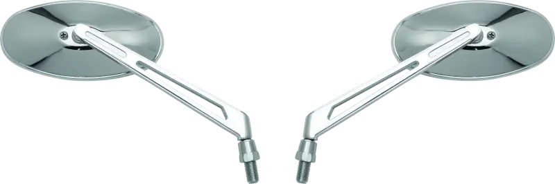 Pair of chrome BikeMaster oval mirrors with machined arm and 10mm yam 10mm hd adapters