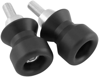 Black BikeMaster spool kit with two motorcycle swingarm spools and silver bolts