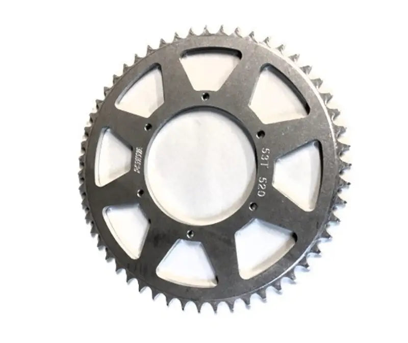 Silver-colored metal sprocket with teeth for BikeMaster Suzuki front sprockets enhancing Suzuki models’ bike’s performance
