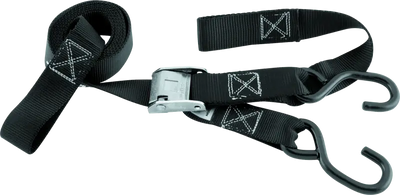 Black bikemaster tiedown with integrated softhook, metal buckle, and hooks for secure transport