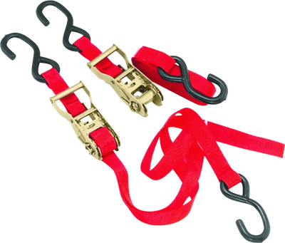 Red Bikemaster Tiedown 1in Rachet with hooks for securing bikes safely