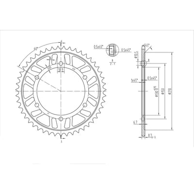Technical drawing of BikeMaster Yamaha Rear Steel Sprocket 530 47T black rear steel sprocket