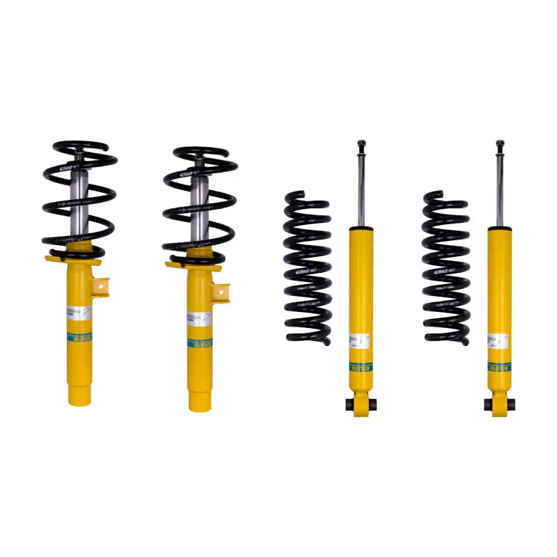 Yellow and black Bilstein B12 suspension kit components for BMW 328i