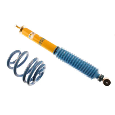 Bilstein B16 2001 BMW M3 Base Front and Rear Performance Suspension System featuring adjustable mono-tube gas shock absorbers and round-thread blue springs.