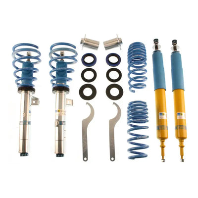 Blue and yellow BMW 330i Bilstein B16 performance suspension kit for smooth rides