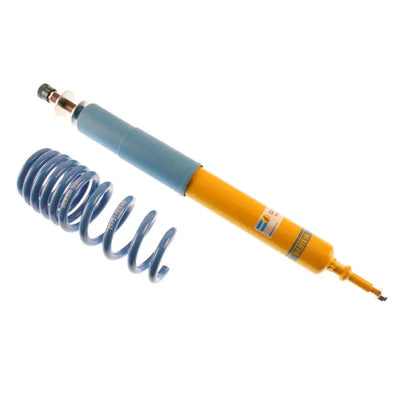 Yellow and blue Bilstein B16 shock absorber with coil spring for BMW 330i performance suspension