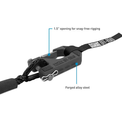 Black forged alloy steel winch shackle on Borne Off-Road 10K Winch with black synthetic rope